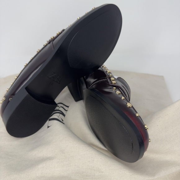 Zara Studded Penny Loafer Shoes Womens Size 7.5 Brown Gold Slip On Flats - Picture 10 of 10
